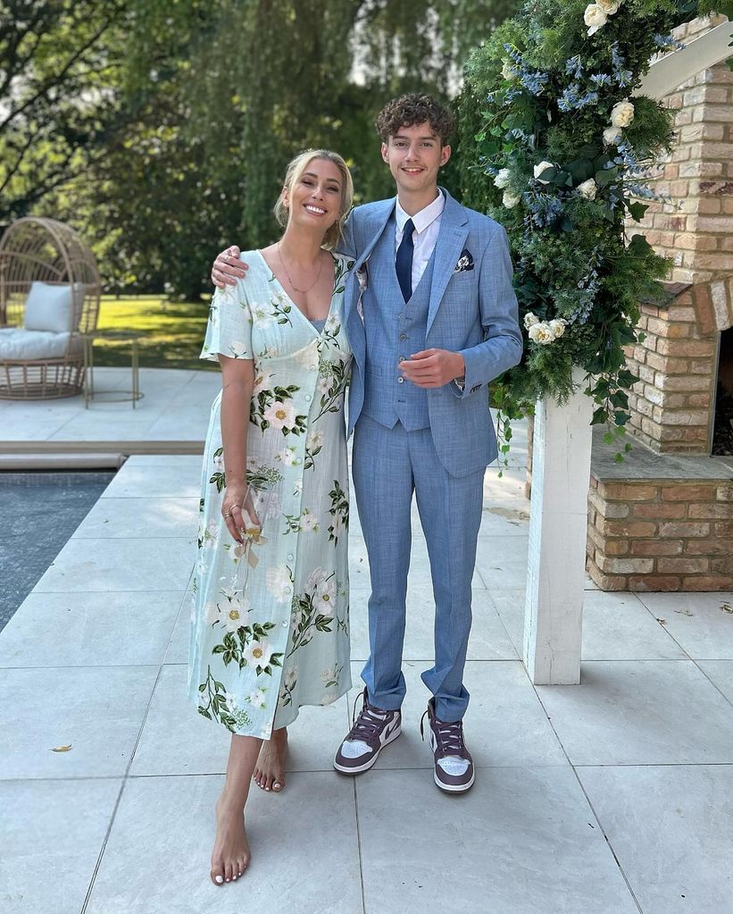 Stacey Solomon in formal attire with her son Zachary