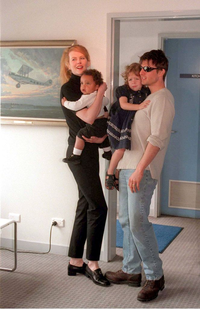 Actress Nicole Kidman and her husband Tom Cruise arrive at Sydney Kingsford Smith Airport and introduce their children Connor and Isabella to the media on January 24, 1996 in Sydney, Australia