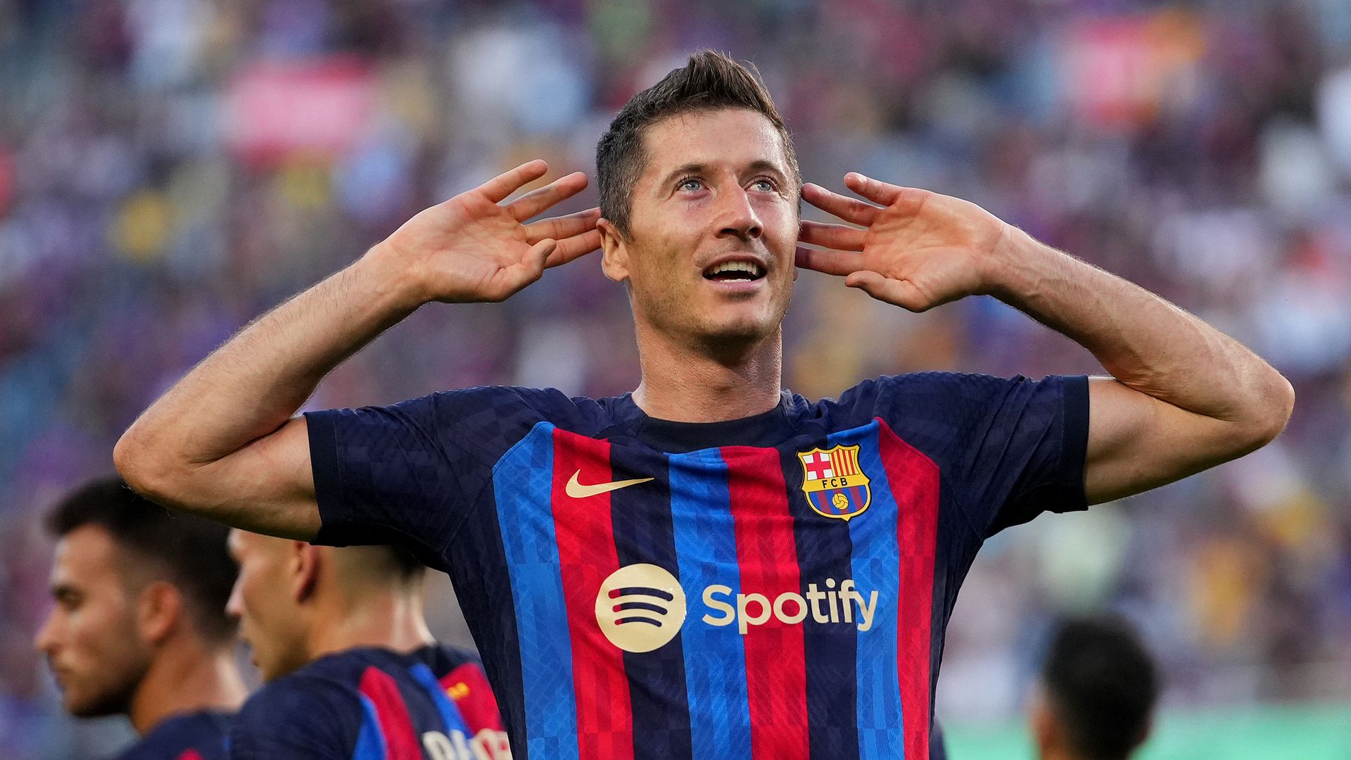 Robert Lewandowski of Barcelona celebrates after scoring his team's first goal during the La Liga Santander match between FC Barcelona and Real Valladolid CF