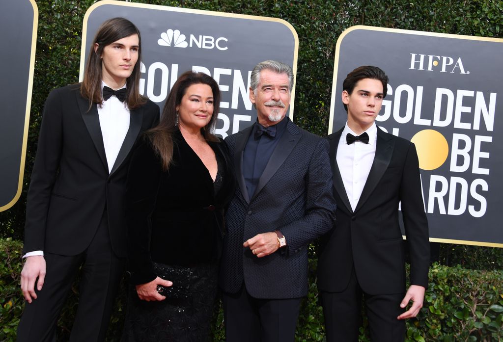 Pierce Brosnan, Keely Shaye Brosnan and their sons Paris Brosnan and Dylan Brosnan arrive for the 77th Annual Golden Globe Awards at The Beverly Hilton Hotel on January 5, 2020 in Beverly Hills, California.