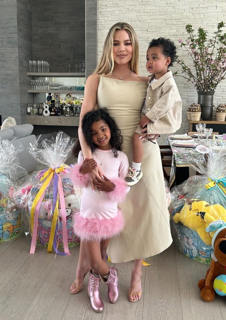 Photo shared by Khloe Kardashian on Instagram on Easter Sunday, in which she poses with her children True and Tatum