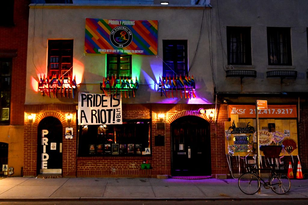 The Stonewall Inn decorated with pride flags in New York City on June 20, 2020