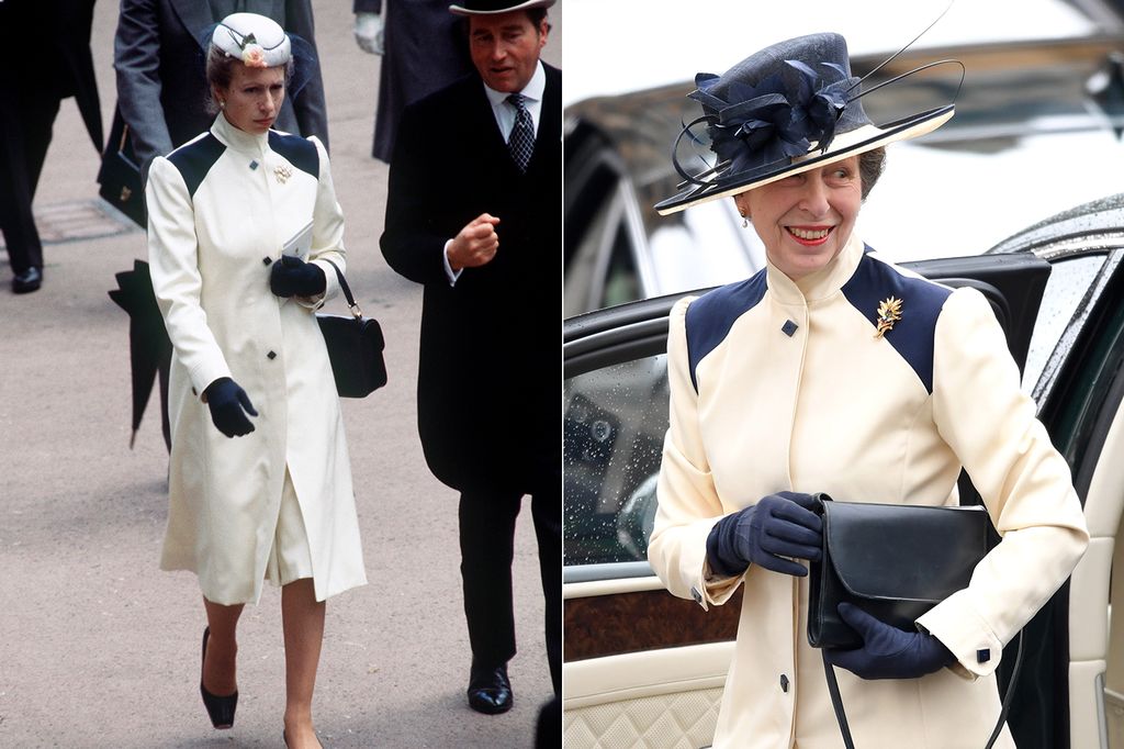 Princess Anne is wearing a cream and navy coat