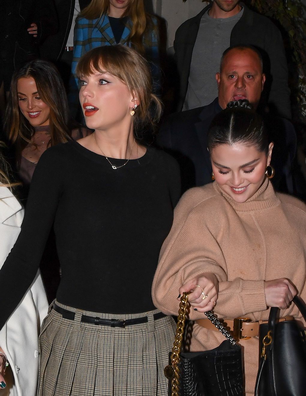 Taylor Swift, Selena Gomez (LR) seen out for dinner at Bond St Japanese Restaurant in Manhattan, New York City on November 04, 2023. (Photo by Robert Kamou/GC Images)