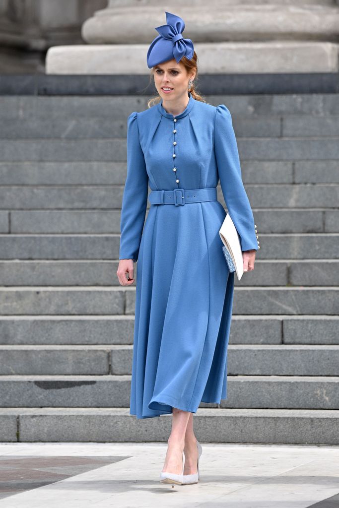     Princess Beatrice at the National Service of Thanksgiving in 2023, wearing a stunning blue dress by Beulah London