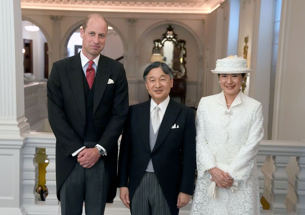 Prince William welcomes Emperor Naruhito of Japan and his wife Empress Masako at their hotel on behalf of the King, before a formal welcome at Horse Guards Parade