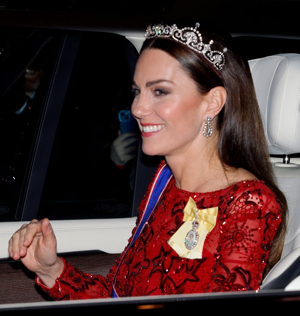 The Princess of Wales wearing the Lotus Flower Tiara and GCVO sash at a diplomatic reception