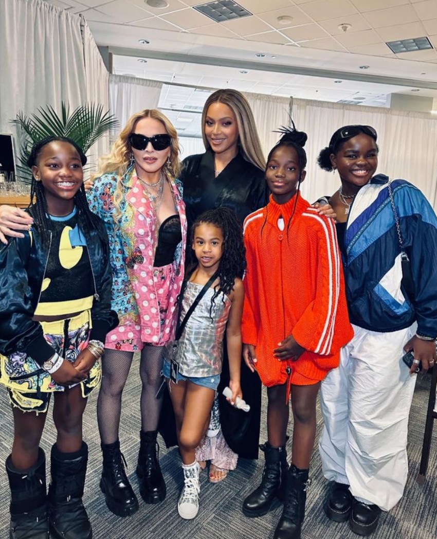 Photo shared by Madonna on her Instagram Stories in August 2023 with her daughters, twins Stella and Estere plus Mercy, at the Renaissance Tour backstage with Beyoncé and her daughter Rumi at MetLife Stadium on July 30.