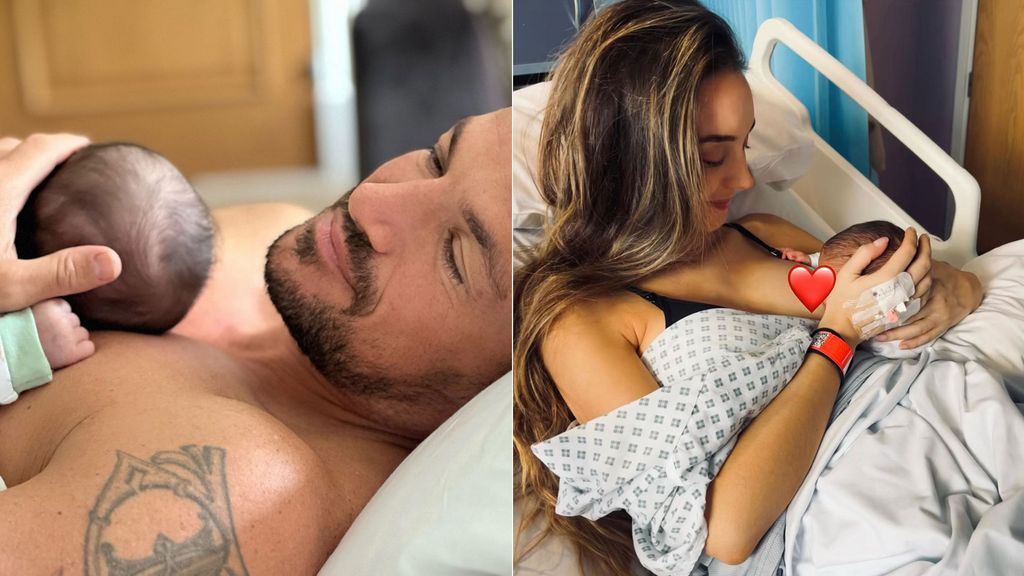 Peter Andre is shirtless holding a newborn baby while his wife Emily Andre lies in a hospital bed and breastfeeds him. 
