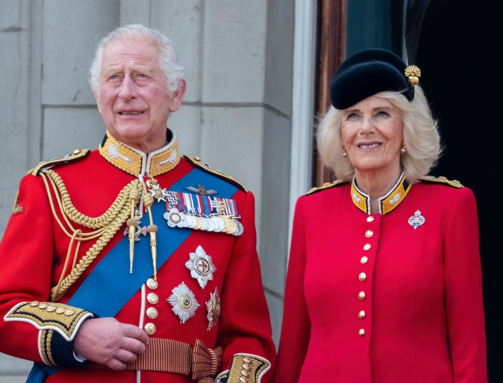Charles and Camilla watch the Trooping the Colour flypast