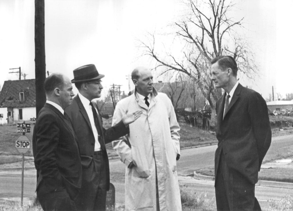May 4, 1961 Visiting planner finds Denver a good, healthy city Left to right, James R. McCarthy, planning director of San Francisco, James M. Small and Robert E. Giltner of Denver, and Edmund N. Bacon, executive director of the Philadelphia City Planning Commission since 1949, at the Avondale urban renewal project site, W. 14th Avenue and Hooker Street. Bacon praised "Basic" City health. Photo: Denver Post (Denver Post via Getty Images)