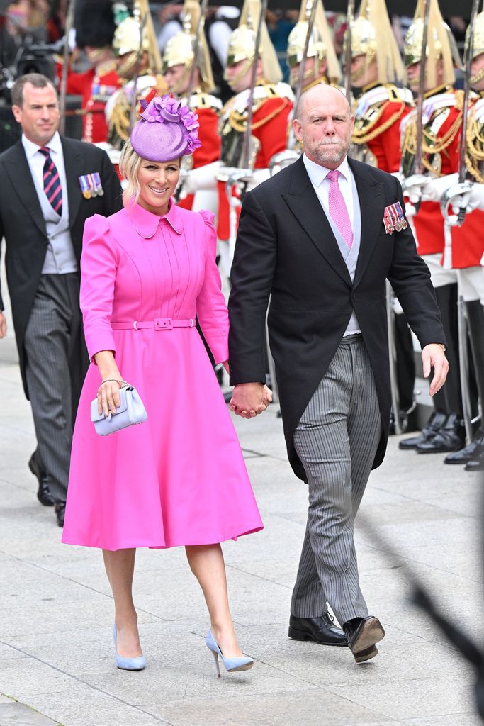     Zara Tindall wears a Barbie pink dress with husband Mike Tindall attends the National Service of Thanksgiving at St Paul’s Cathedral on June 03, 2022 in London, England