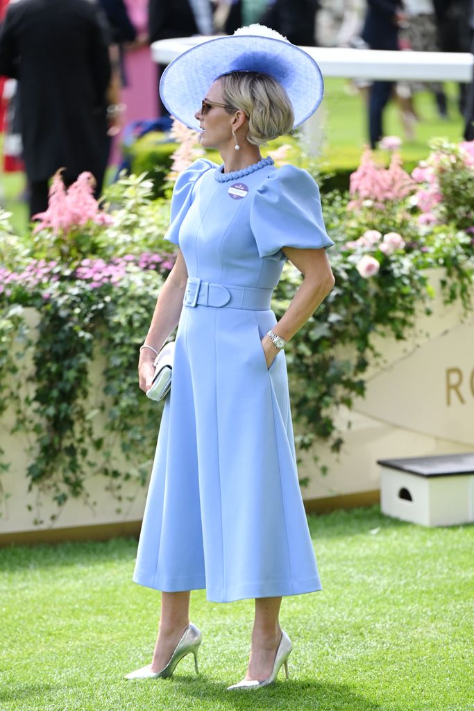Zara Tindall wearing a blue dress at Ascot Racecourse on day 3 of Royal Ascot 2024 