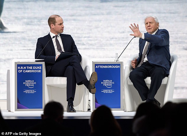 Prince William and David Attenborough talk during the World Economic Forum (WEF) annual meeting in Davos, eastern Switzerland, in January 2019
