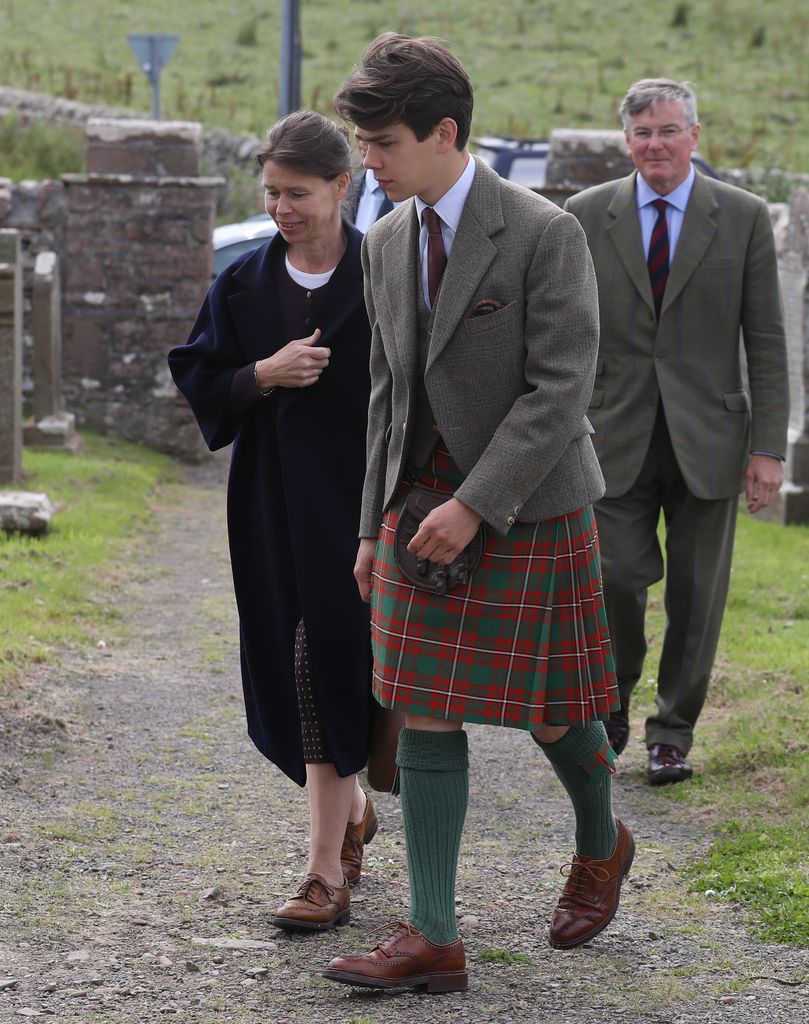 Sam Chatto attending church wearing a kilt