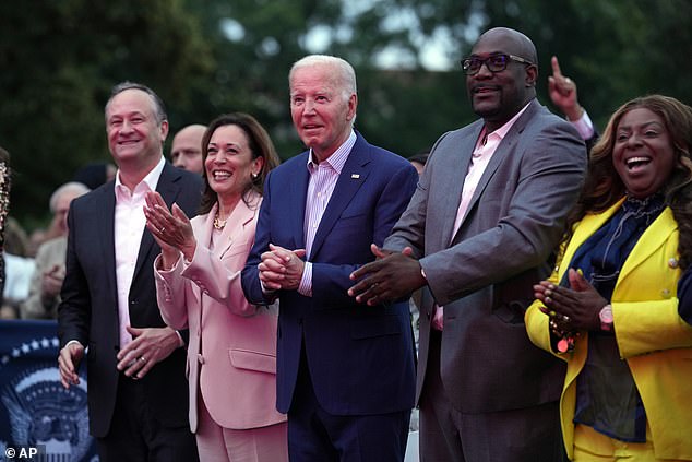 There have also been several incidents of Biden shivering from the cold, including at a Juneteenth celebration at the White House (pictured), where he stood completely still while others clapped and danced around him.
