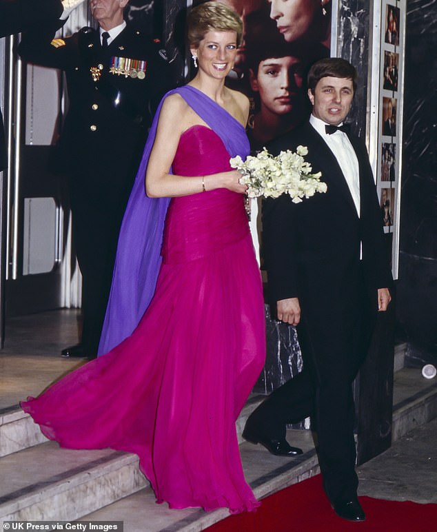 The Princess of Wales, wore a red and purple chiffon evening dress designed by Catherine Walker to the Premiere of Burning Secret in 1989