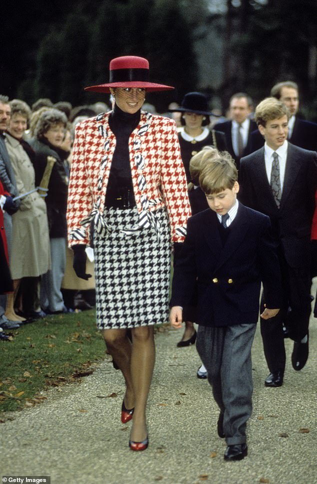 Diana appearing for a Christmas church service at Sandringham alongside Prince William in 1990. She wore an iconic two-tone set by Moschino