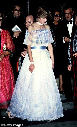 The Princess of Wales chose an off-shoulder Bellville Sassoon gown for a gala recital evening at the Victoria and Albert Museum in 1981