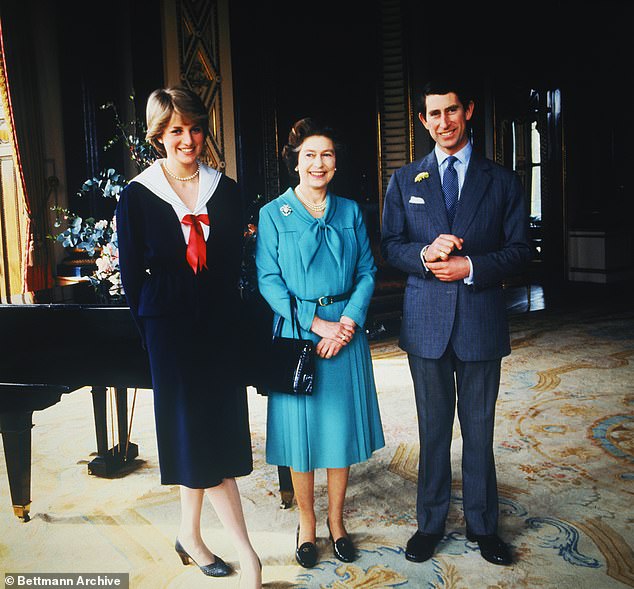 Here, Diana wears a nautical-inspired skirt suit with a twee little ribbon at Buckingham Palace, the day that their wedding was sanctioned by the Privy Council in March 1981