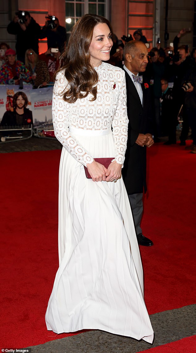 The first time Kate ever wore Self-Portrait was for the premiere of A Street Cat Named Bob in 2016. Then she donned a white silk and lace frock. The fitted bodice lent her an air of sophistication, which was augmented through a sweeping, pleated train with a daring leg slit