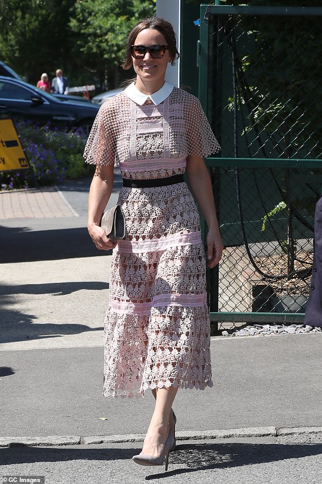 In 2017, Pippa attended Wimbledon in a sheer lacy pink number. The brand's ladylike take on the see-through dress trend is the perfect style risk for Kate's sister, who usually opts for classic, often conservative, silhouettes. She finished the outfit with neutral pumps, a grey suede clutch and oversized cat eye sunglasses by ZanZan