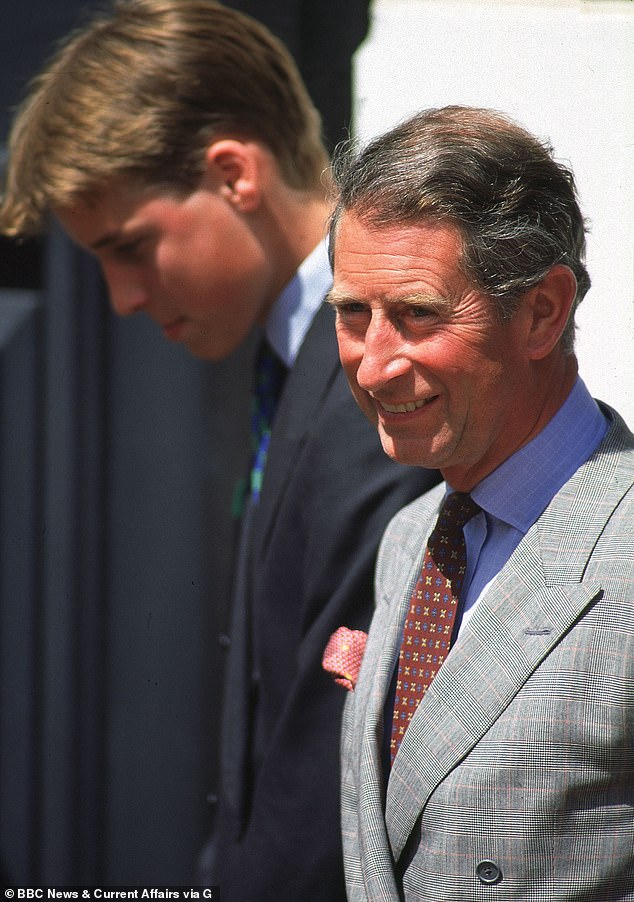 In his core values ​​- such as his choice of tie - William is truly his father's son. Above: The couple outside Clarence House for the Queen Mother's 98th birthday in 1998