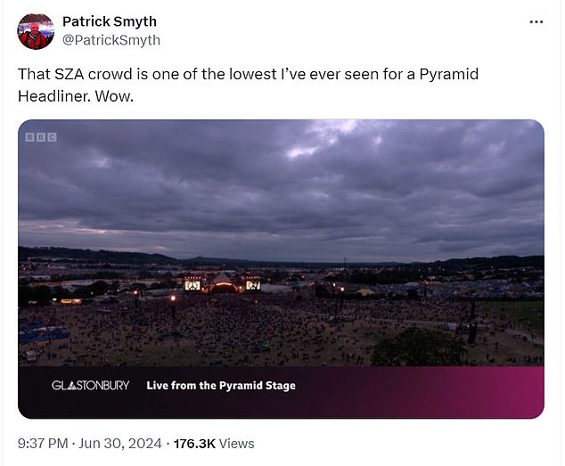 SZA's show also struggled to draw in the huge crowds that were on display during Coldplay 's headline slot the previous evening, with the small numbers noticeable in BBC's coverage