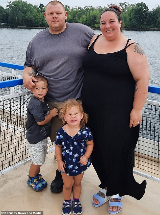 Mrs Hutchinson said she has had problems in the past because of her weight, such as being refused entry onto roller coaster rides and requesting a seat belt extender on aeroplanes because she was extremely overweight. She is pictured here with her husband Ryan and their two children Harrison and Nevaeh