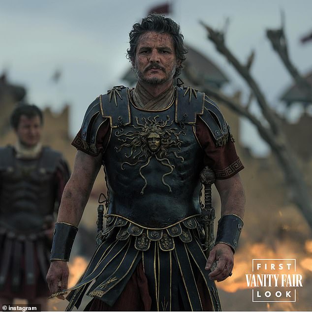 The Last of Us actor Pedro Pascal plays the Roman general Acacius, who trained as a gladiator under Russell's character Maximum (pictured)