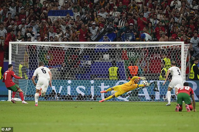 Slovenia goalkeeper Jan Oblak made a brilliant save to stop Ronaldo's penalty.