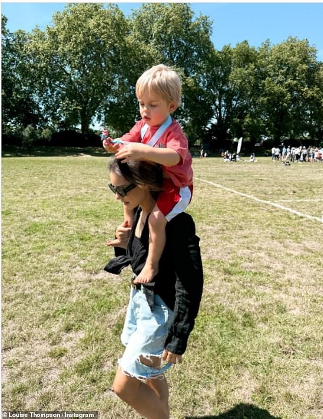 Louise Thompson wins the mums’ race at son Leo’s sports day as she reflects on suffering an anxiety breakdown a year ago and says ‘my stoma surgery felt like a distant memory’
