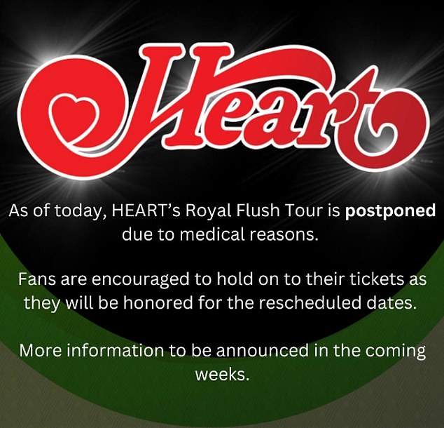 Heart's official Instagram page announced the tour's postponement