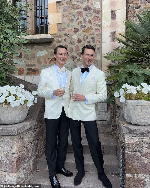 Porter (left) - whose family owns Australia's leading condom brand Four Seasons - said 'I do' with partner Ledlin (right) in Cannes on Tuesday evening
