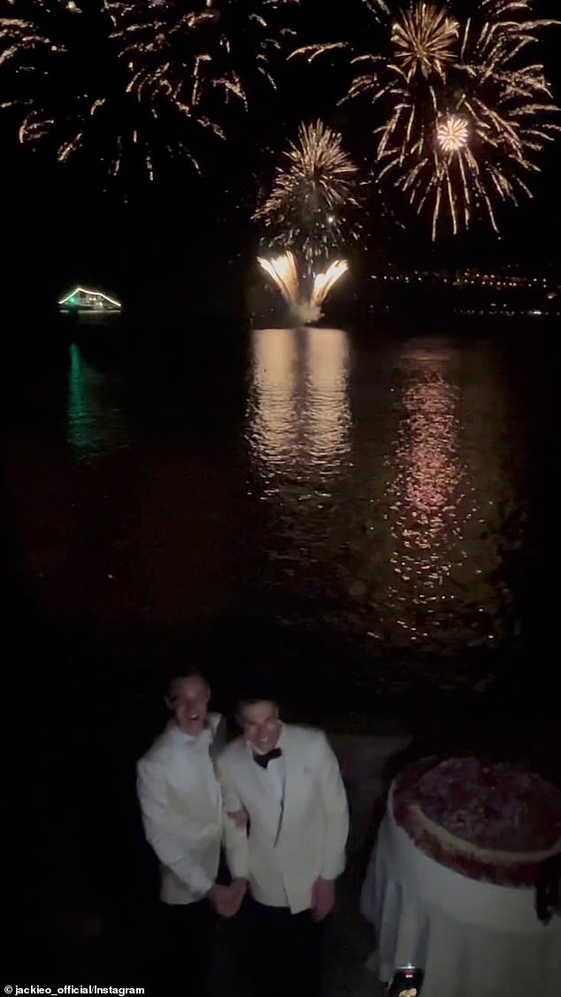 At the reception, the French Riviera lit up and fireworks went off as the couple cut the cake