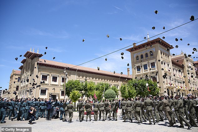 King Felipe VI of Spain (C) attends the delivery of Royal offices of employment at the Zaragoza Military Academy