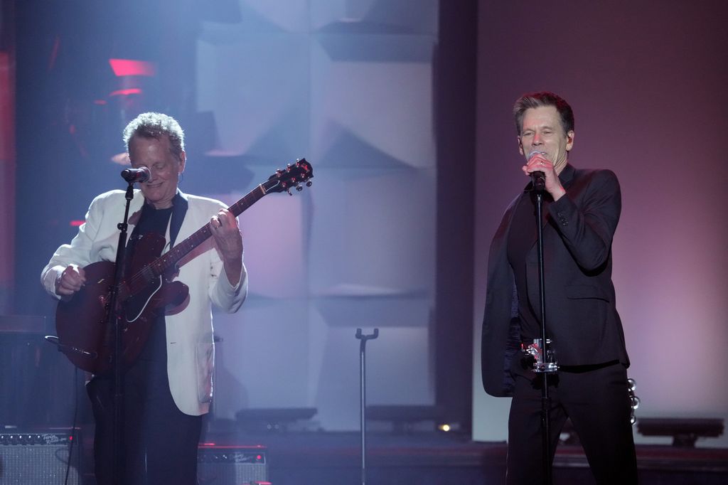 NEW YORK, NEW YORK – JUNE 13: (L-R) Michael Bacon and Kevin Bacon of The Bacon Brothers perform onstage during the 2024 Songwriters Hall of Fame Induction and Awards Gala at the New York Marriott Marquis Hotel on June 13, 2024 in New York City. (Photo by Bennett Raglin/Getty Images for Songwriters Hall of Fame)