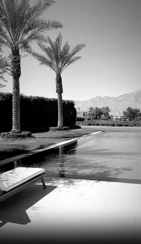 The swimming pool is the center of attention, surrounded by palm trees and mountains in the background