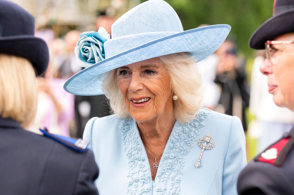 Queen Camilla wearing Queen Mary's diamond thistle brooch