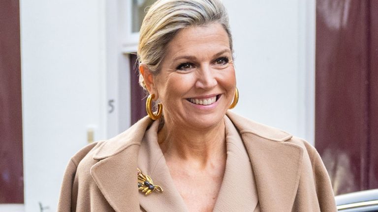 Maxima from the Netherlands, pure monochromatic elegance with her spectacular peace brooch