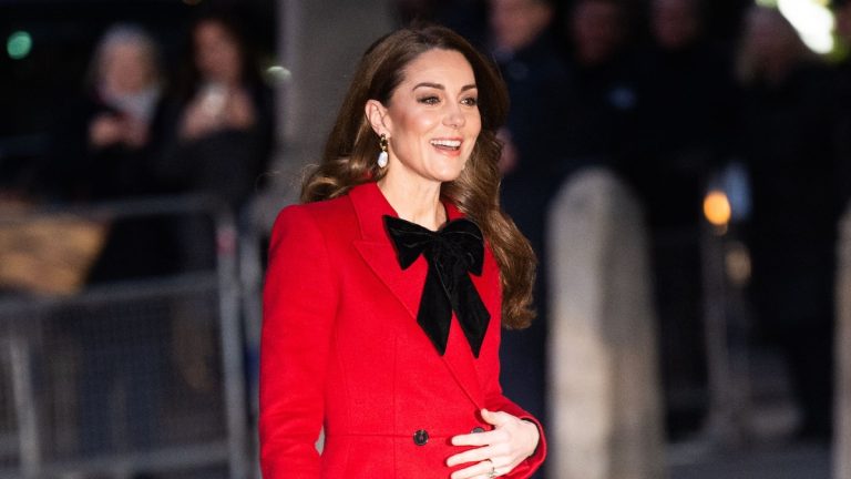 Red coat, velvet bow and suede boots