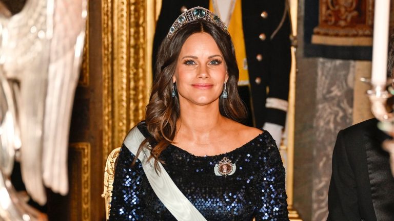 Sofia of Sweden borrows a sequin maternity dress from her sister-in-law and debuts an aquamarine kokoshnik tiara